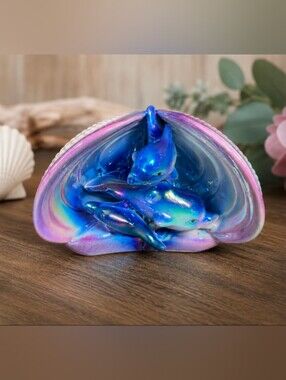 Dolphin Trio in Sea Shell Sculpture | Porcelain | Iridescent | Very Pretty